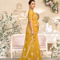 Laxmipati RaangSaaz Ochre Yellow Tissue Saree with Floral Embroidery