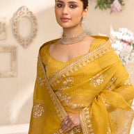 Laxmipati RaangSaaz Ochre Yellow Tissue Saree with Floral Embroidery