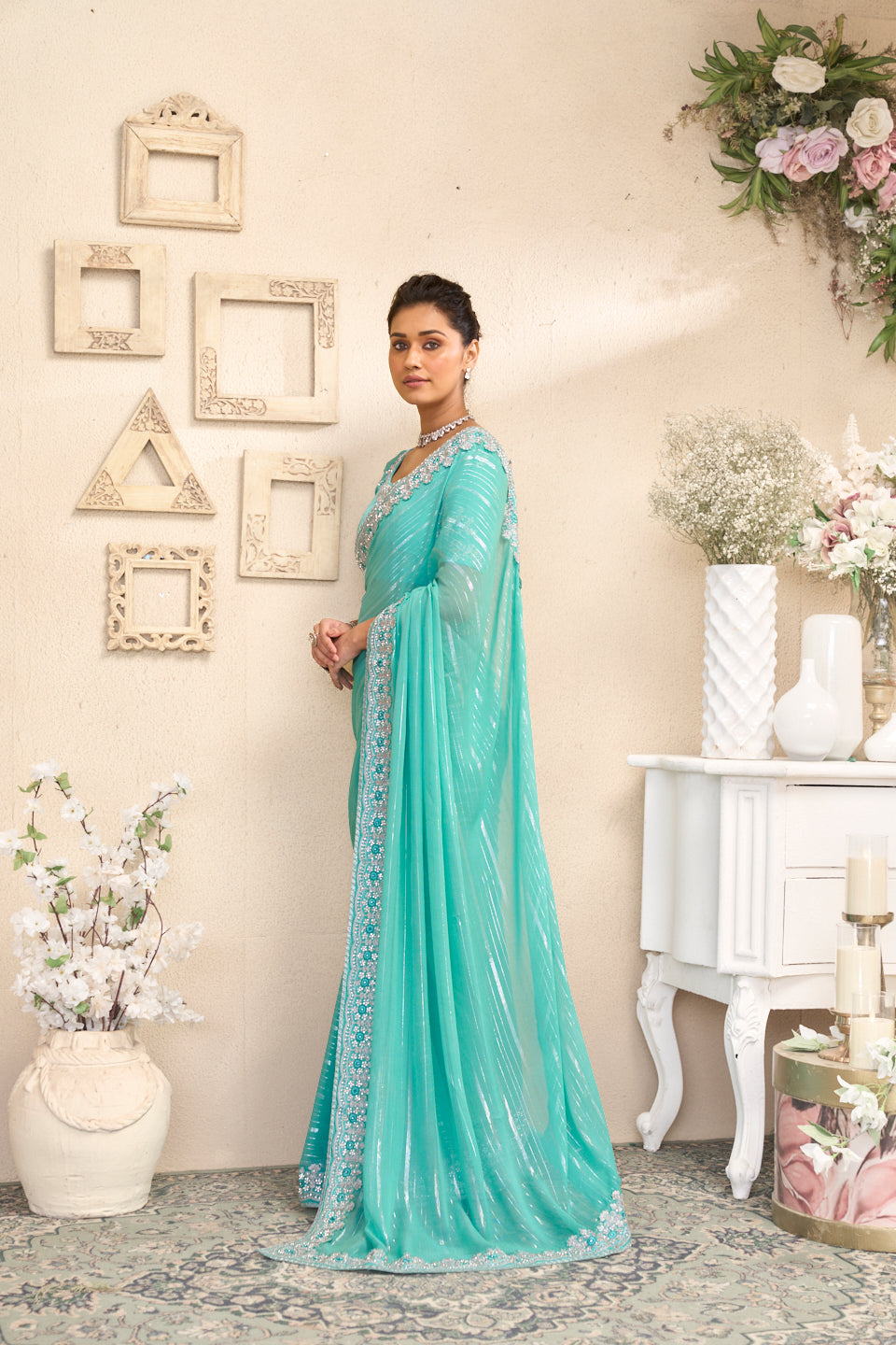 Laxmipati RaangSaaz Teal Blue Georgette Saree with Floral Embroidery