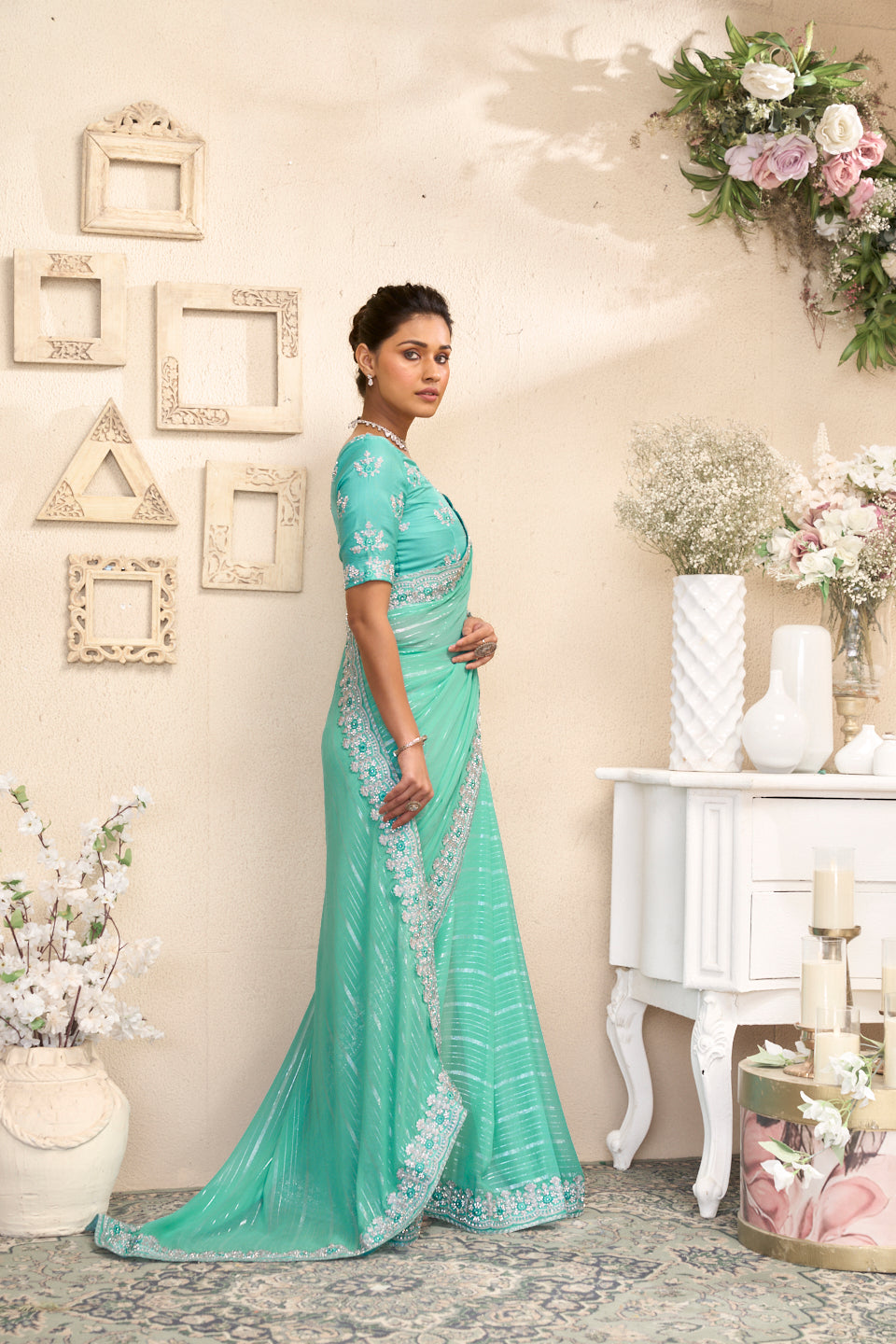 Laxmipati RaangSaaz Teal Blue Georgette Saree with Floral Embroidery