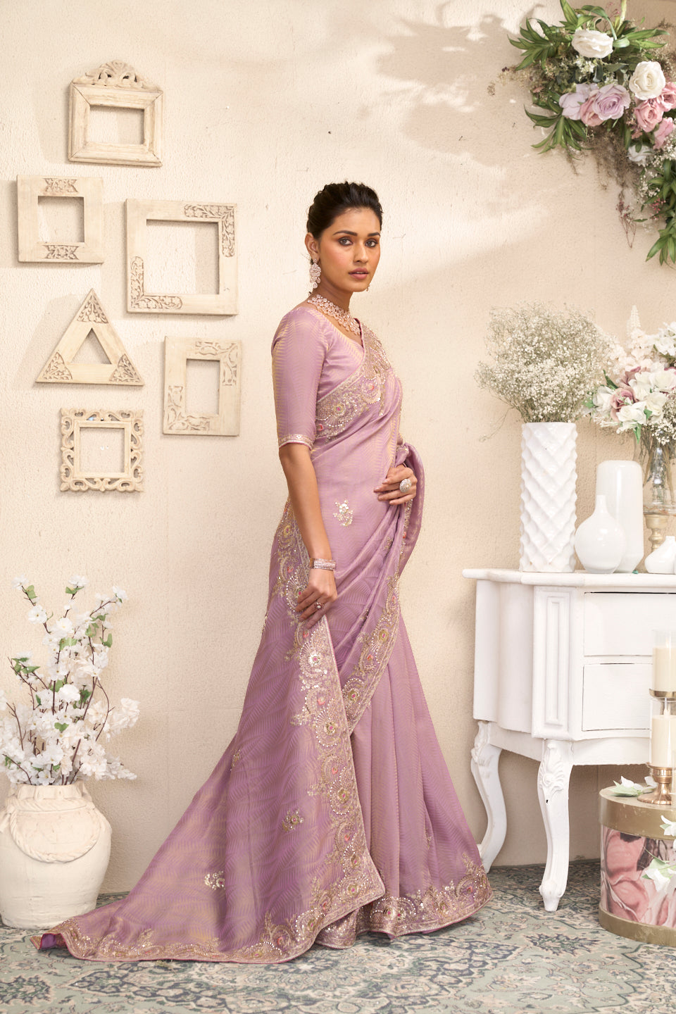 Laxmipati Raang Saaz Purple Silk Saree with Floral Embroidery
