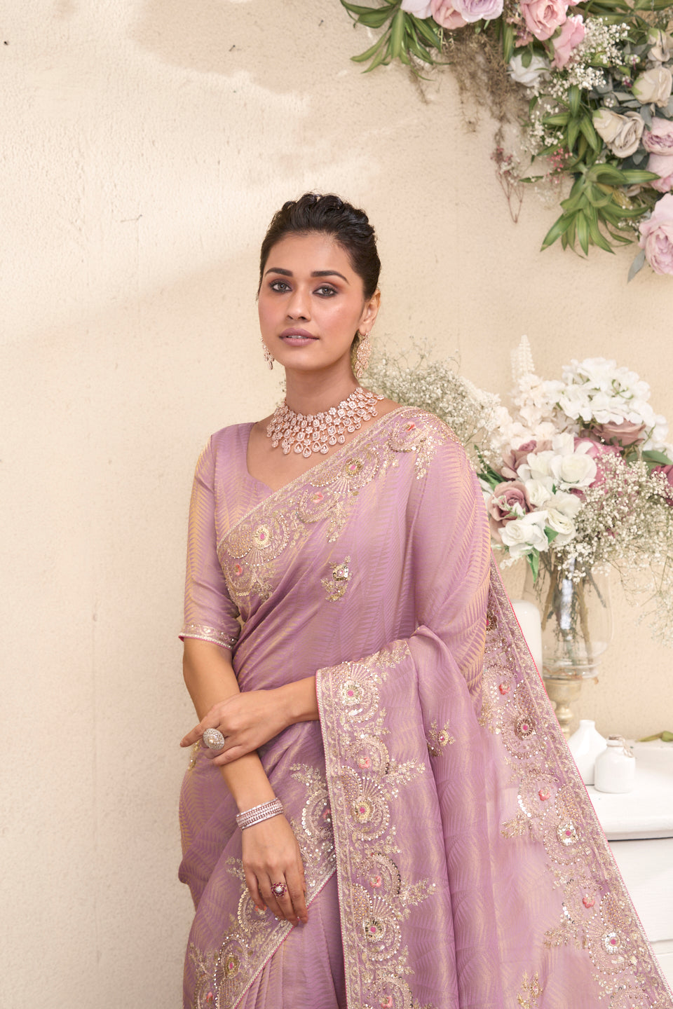 Laxmipati Raang Saaz Purple Silk Saree with Floral Embroidery