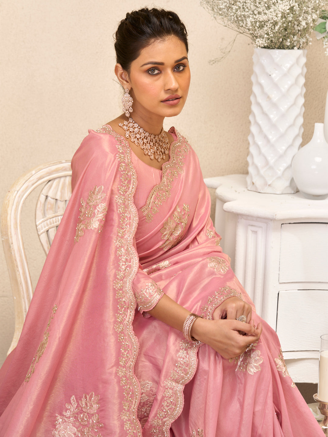 Laxmipati RaangSaaz Pink Silk Saree with Floral Embroidery