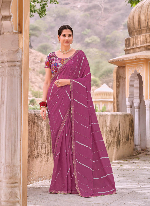 Laxmipati Leheriya Printed Chiffon Saree in Magenta Color with Unstitched Blouse