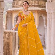 Laxmipati Leheriya Printed Chiffon Saree in Mustard  Color with Unstitched Blouse