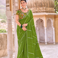 Laxmipati Leheriya Printed Chiffon Saree in Olive Green Color with Unstitched Blouse