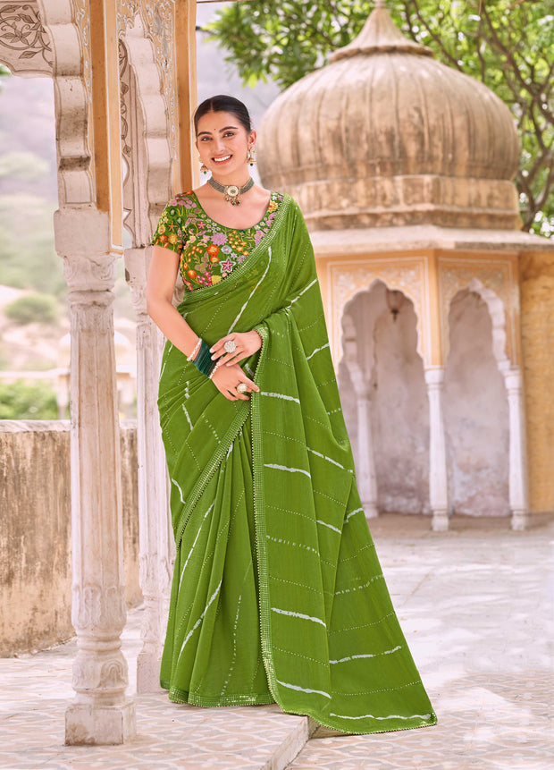 Laxmipati Leheriya Printed Chiffon Saree in Olive Green Color with Unstitched Blouse