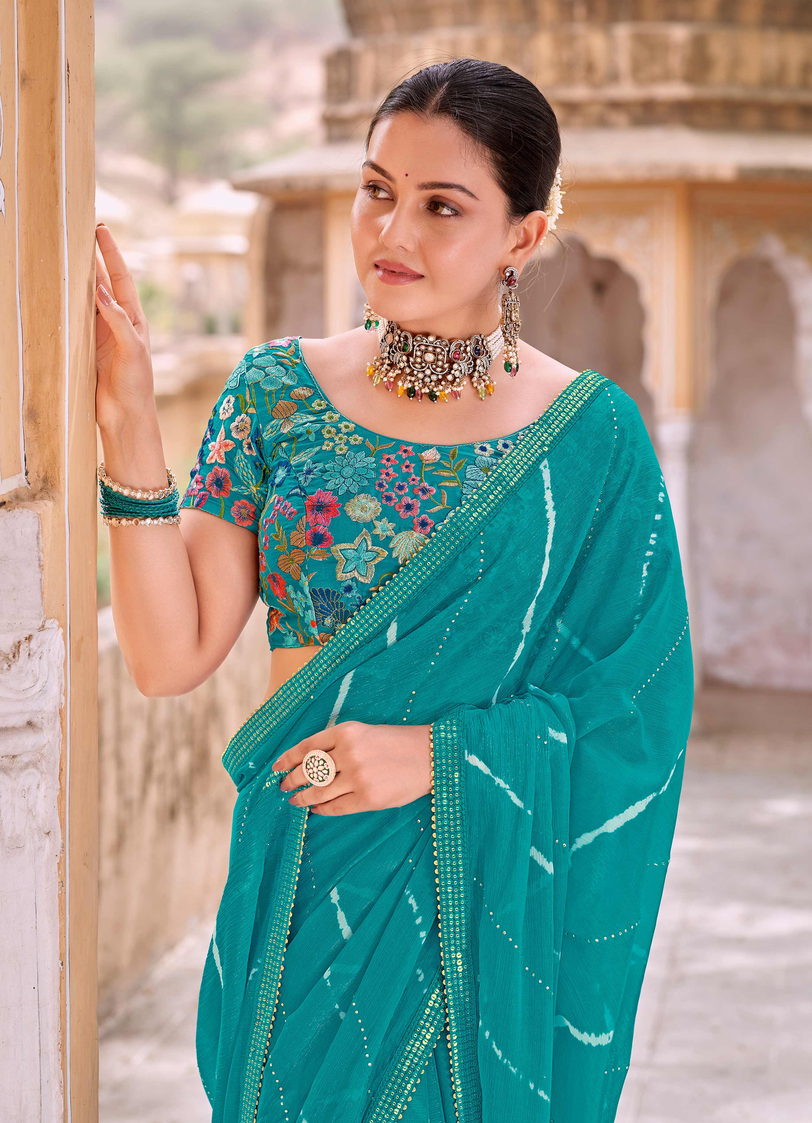 Laxmipati Leheriya Printed Chiffon Saree in Turquoise Blue Color with Unstitched Blouse
