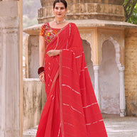 Laxmipati Leheriya Printed Chiffon Saree in Bright Red Color with Unstitched Blouse