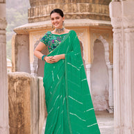 Laxmipati Leheriya Printed Chiffon Saree in Green Color with Unstitched Blouse