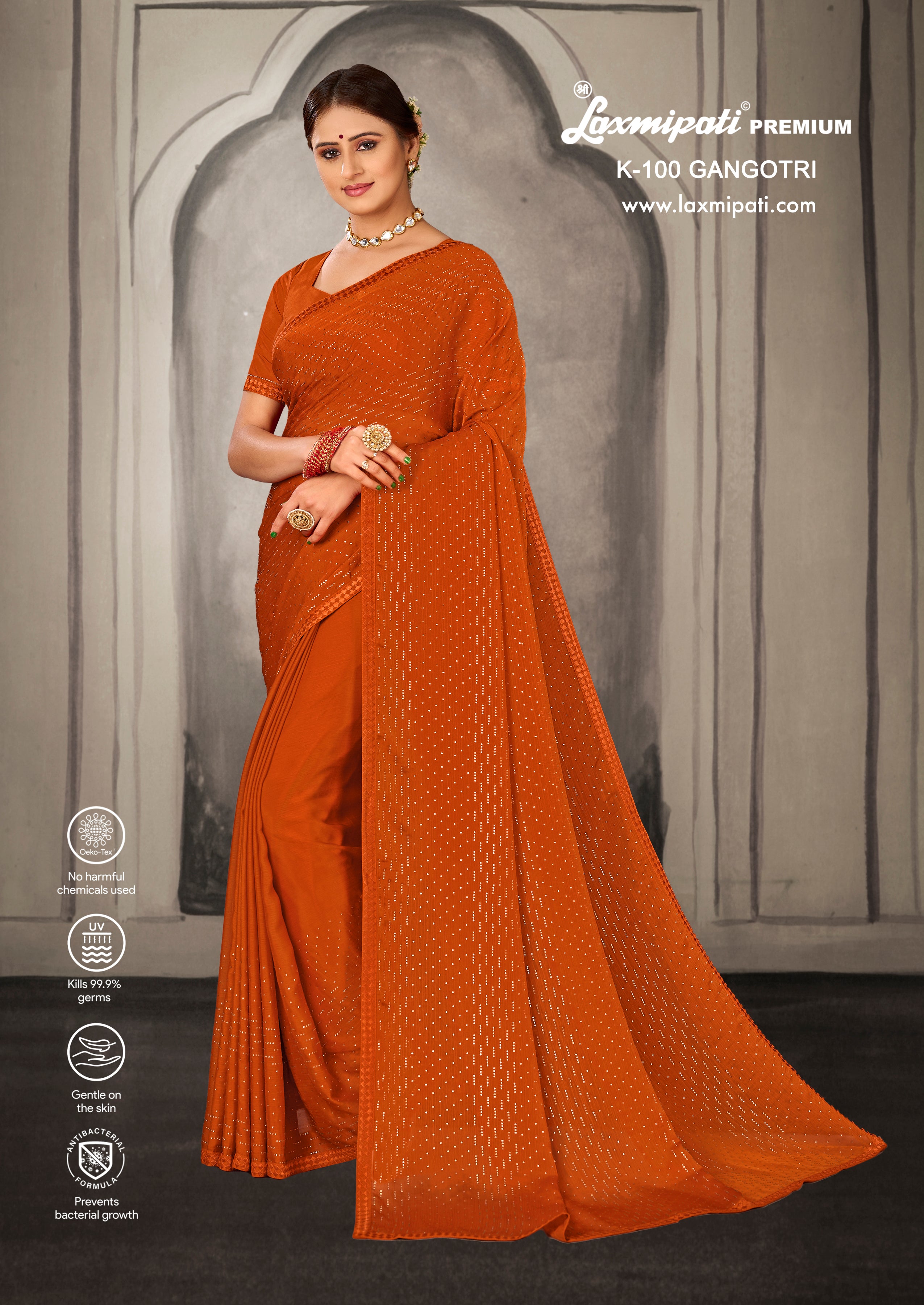 Laxmipati 9color K-100 Satin Chiffon Orange Saree