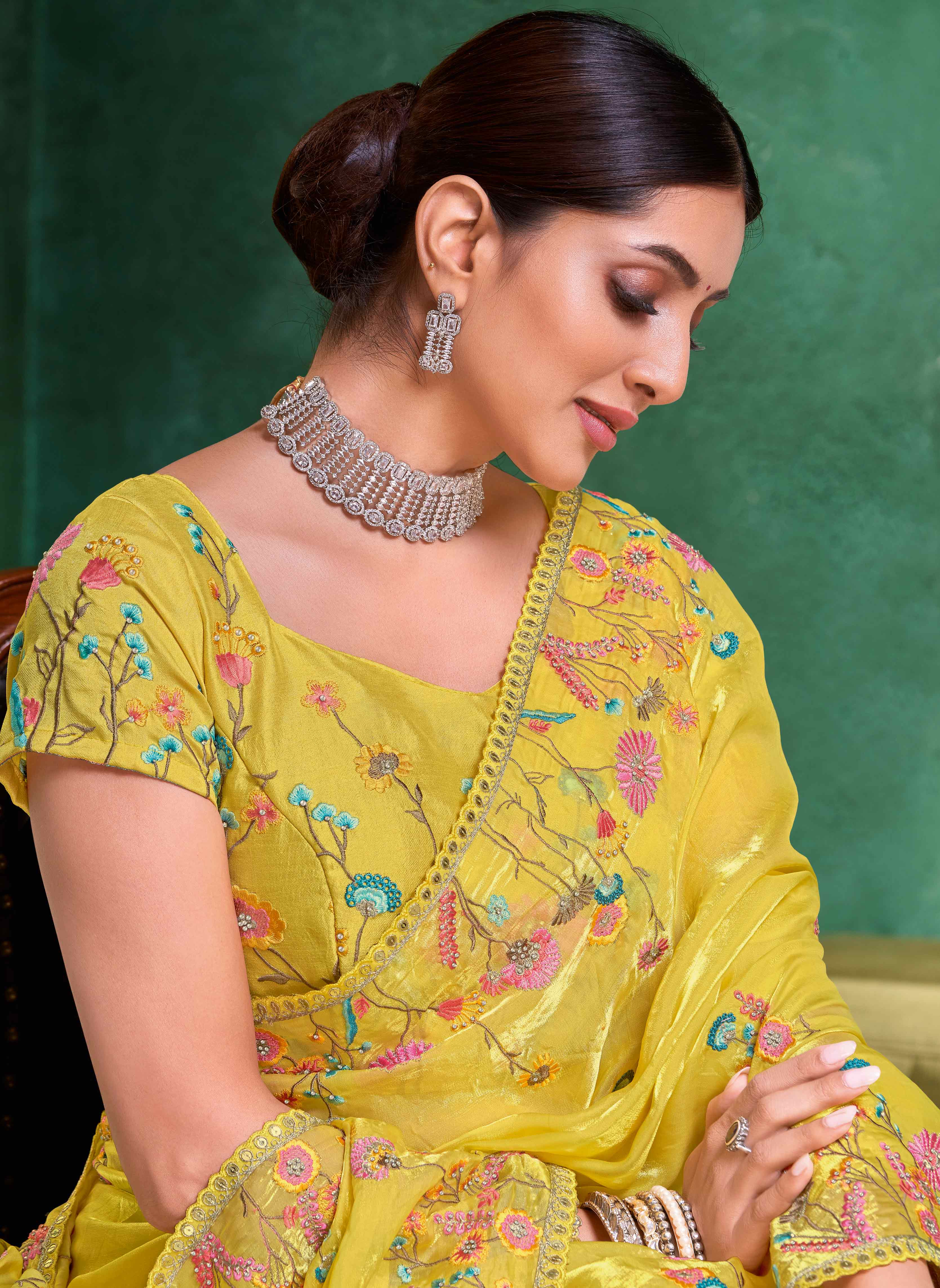 Laxmipati Mangla Gauri Yellow Tissue Organza Saree with Floral Embroidery