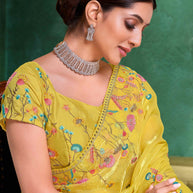 Laxmipati Mangla Gauri Yellow Tissue Organza Saree with Floral Embroidery