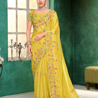 Laxmipati Mangla Gauri Yellow Tissue Organza Saree with Floral Embroidery