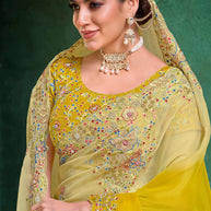 Laxmipati Mangla Gauri Mustard Tissue Organza Saree with Floral Embroidery
