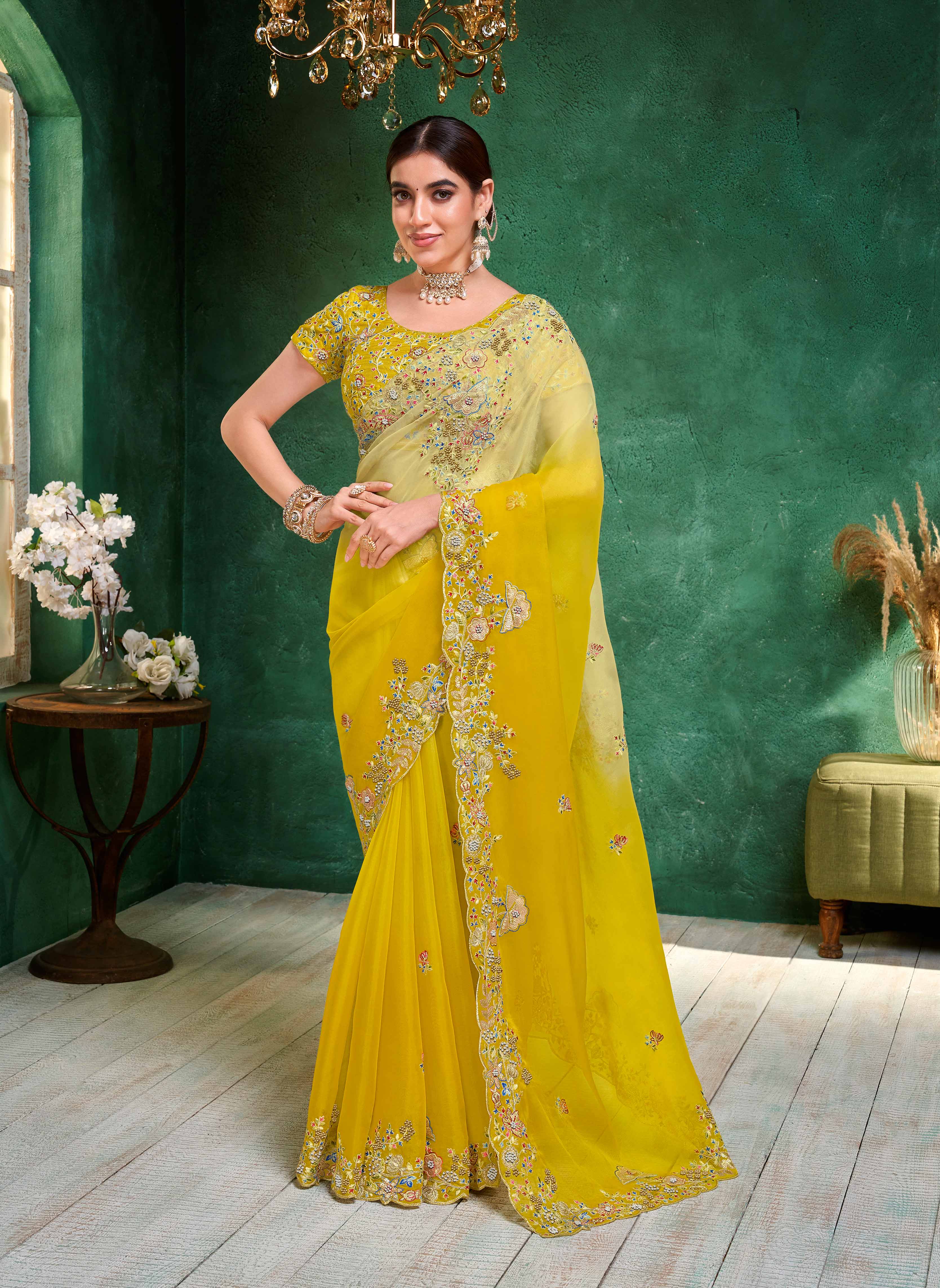 Laxmipati Mangla Gauri Mustard Tissue Organza Saree with Floral Embroidery