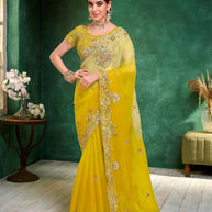 Laxmipati Mangla Gauri Mustard Tissue Organza Saree with Floral Embroidery