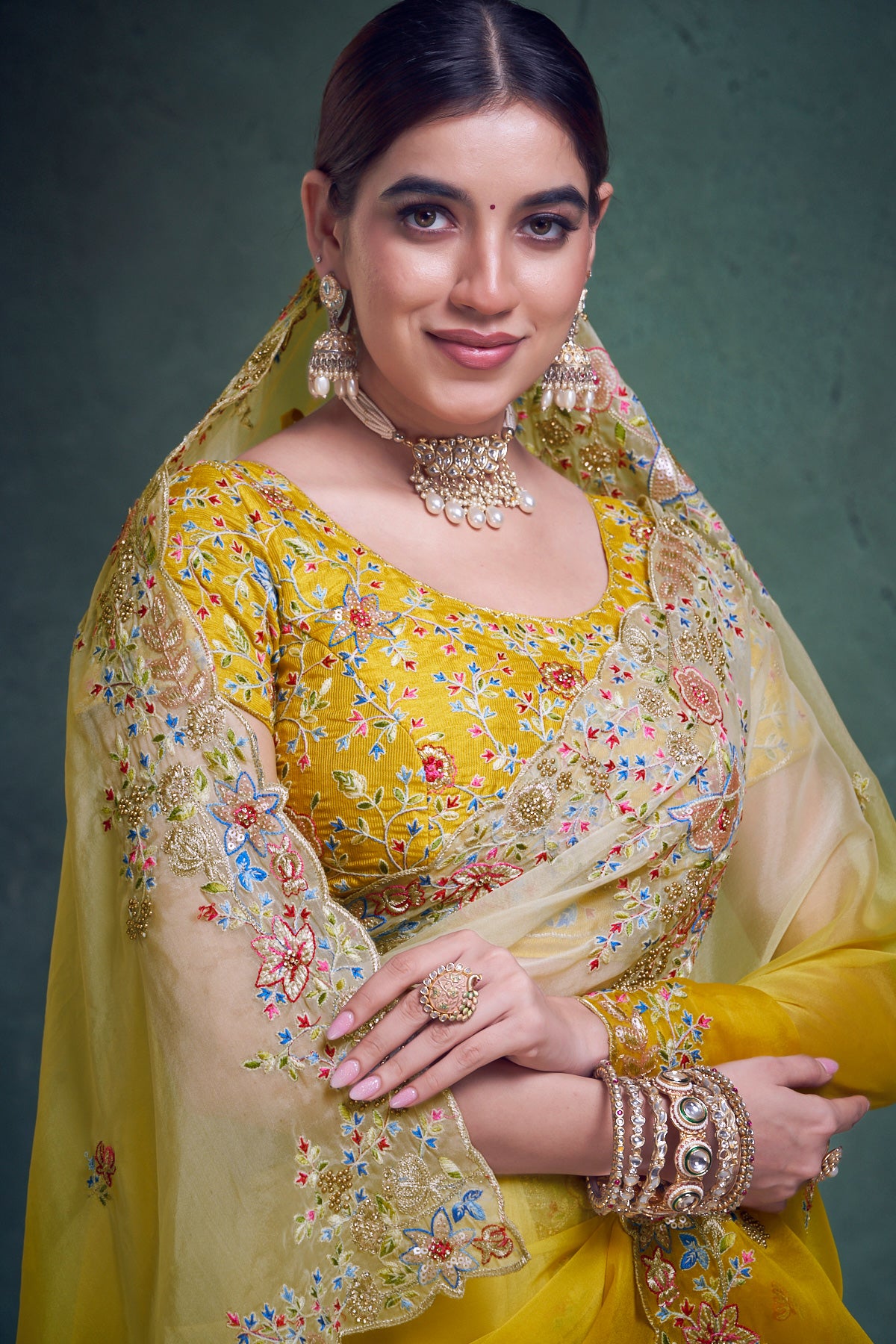 Laxmipati Mangla Gauri Mustard Tissue Organza Saree with Floral Embroidery