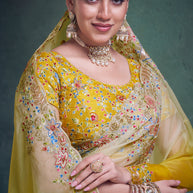 Laxmipati Mangla Gauri Mustard Tissue Organza Saree with Floral Embroidery