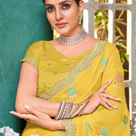 Laxmipati Mangla Gauri Yellow Tissue Organza Saree with Floral Embroidery