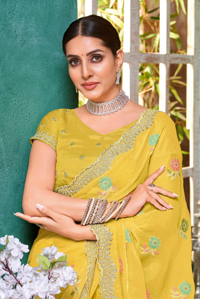 Laxmipati Mangla Gauri Yellow Tissue Organza Saree with Floral Embroidery