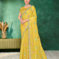 Laxmipati Mangla Gauri Yellow Tissue Organza Saree with Floral Embroidery