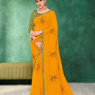 Laxmipati Mangla Gauri Mustard Georgette Saree with Floral Embroidery