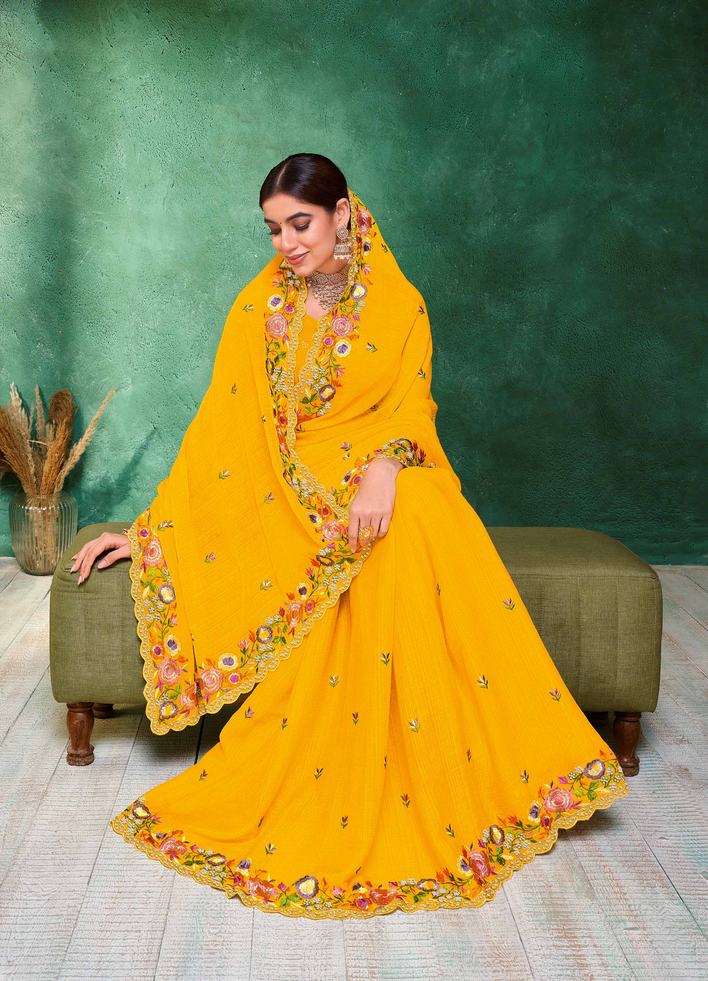 Laxmipati Mangla Gauri Mustard Chiffon Saree with Floral Embroidery