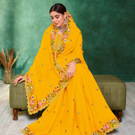 Laxmipati Mangla Gauri Mustard Chiffon Saree with Floral Embroidery