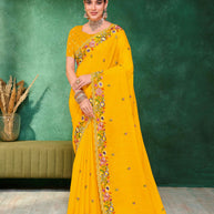 Laxmipati Mangla Gauri Mustard Chiffon Saree with Floral Embroidery