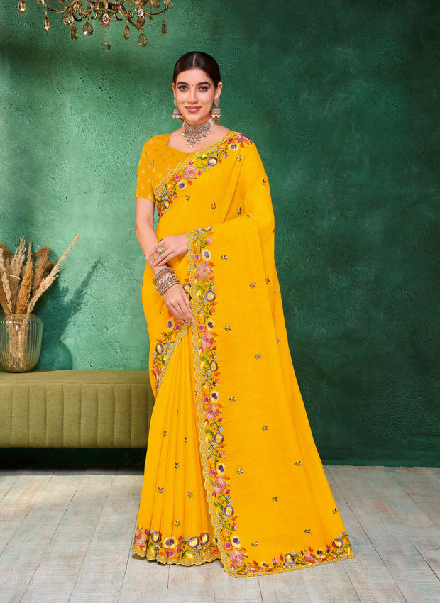 Laxmipati Mangla Gauri Mustard Chiffon Saree with Floral Embroidery