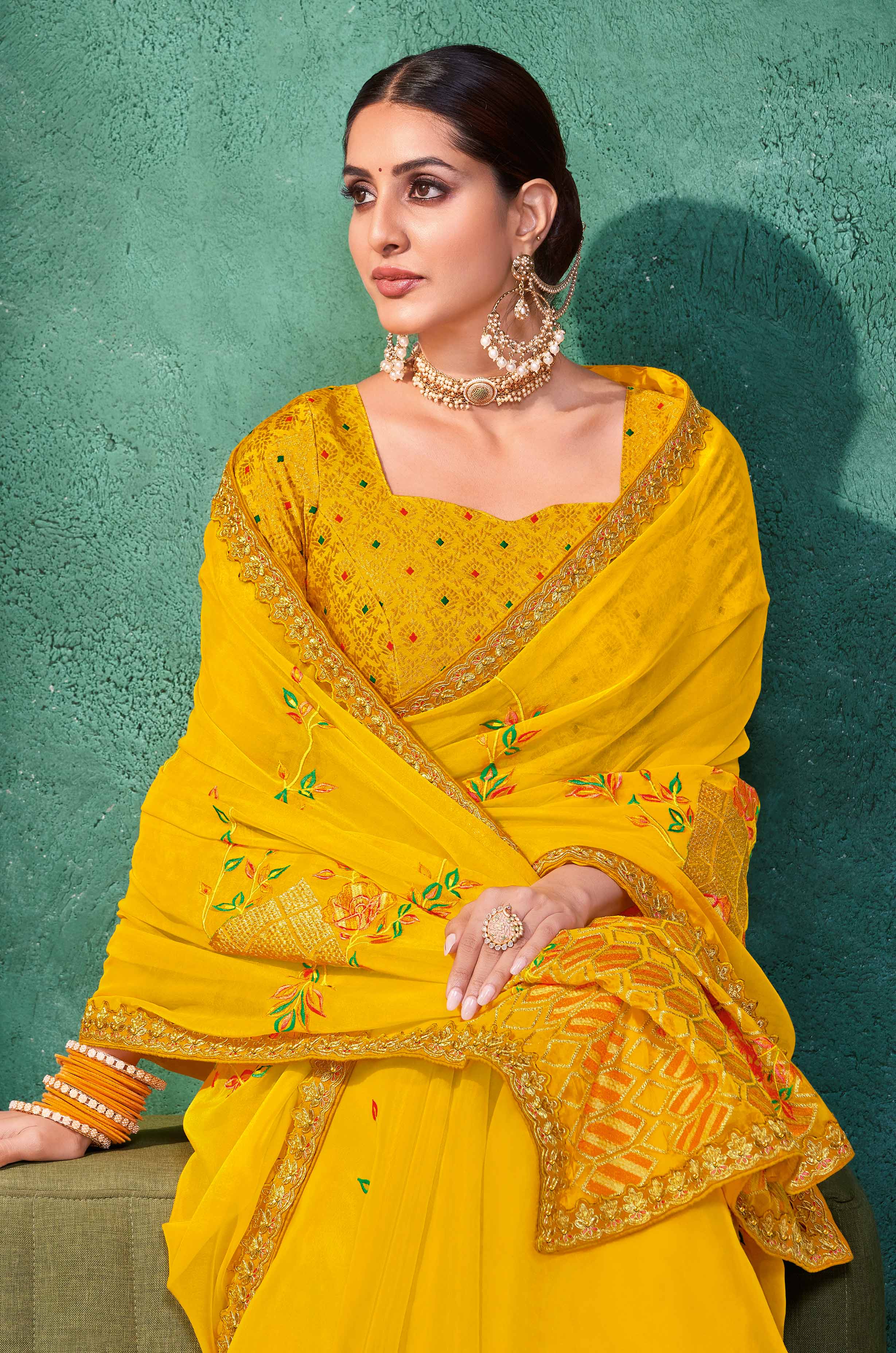 Laxmupati Mangla Gauri Mustard Tissue Organza Saree with Floral Embroidery
