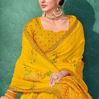 Laxmupati Mangla Gauri Mustard Tissue Organza Saree with Floral Embroidery