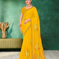 Laxmupati Mangla Gauri Mustard Tissue Organza Saree with Floral Embroidery