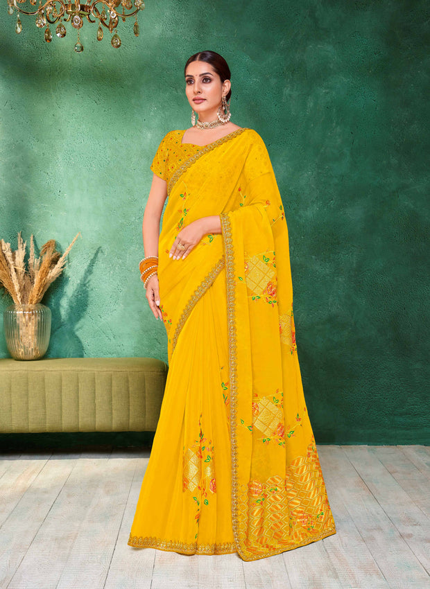 Laxmupati Mangla Gauri Mustard Tissue Organza Saree with Floral Embroidery