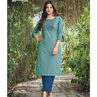 Laxmipati  Spun Base Self Textured Dark Cyan Straight Cut Kurti