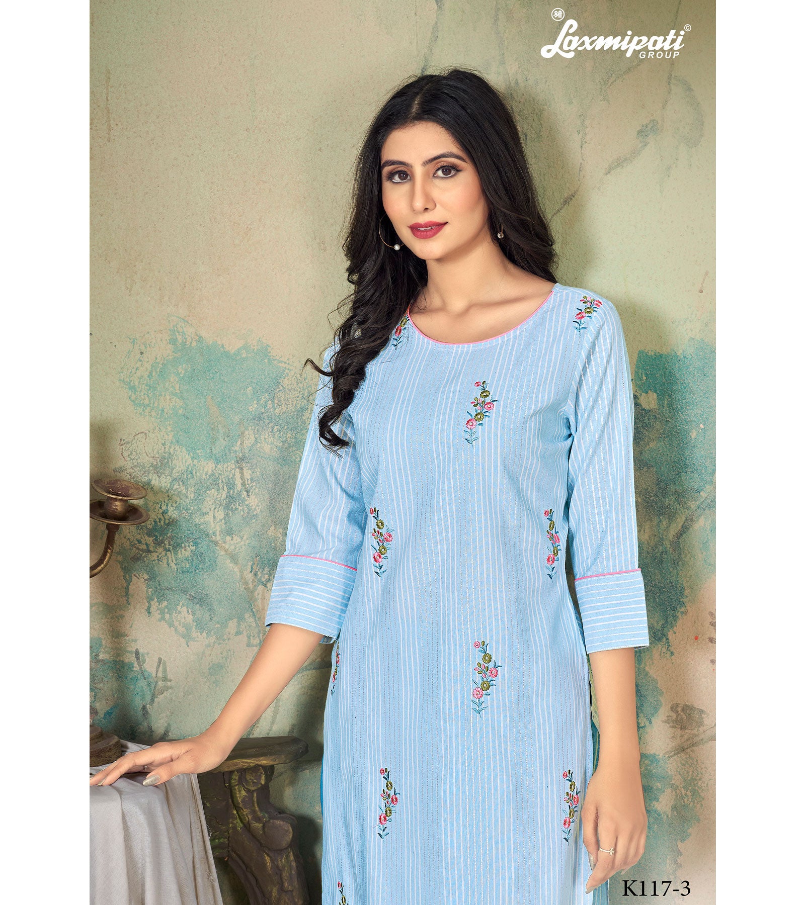 Laxmipati Ganga  K117-3 Cotton Base Sky Blue Straight Cut Kurti