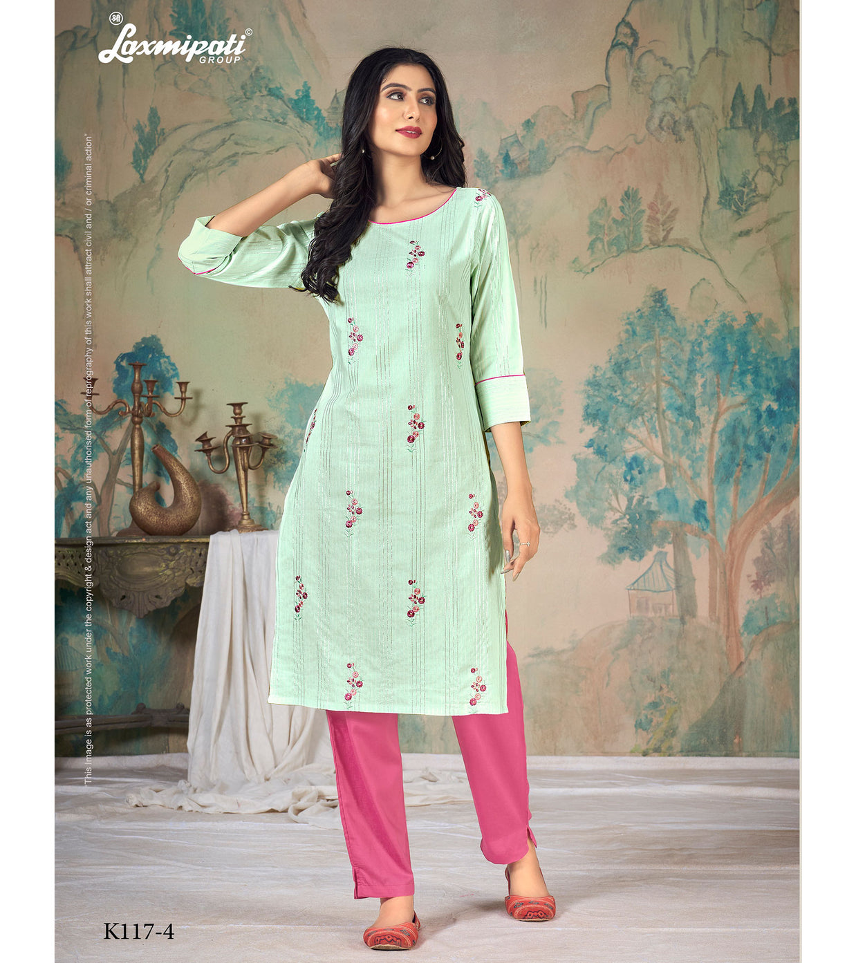 Laxmipati Ganga  K117-4 Cotton Base Aqua Surf Straight Cut Kurti