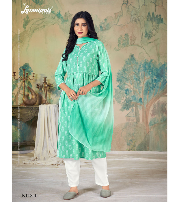 Laxmipati  Spun Base Fabric Mint Green Nayra Cut Kurta With Pant & Dupatta