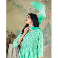 Laxmipati  Spun Base Fabric Mint Green Nayra Cut Kurta With Pant & Dupatta