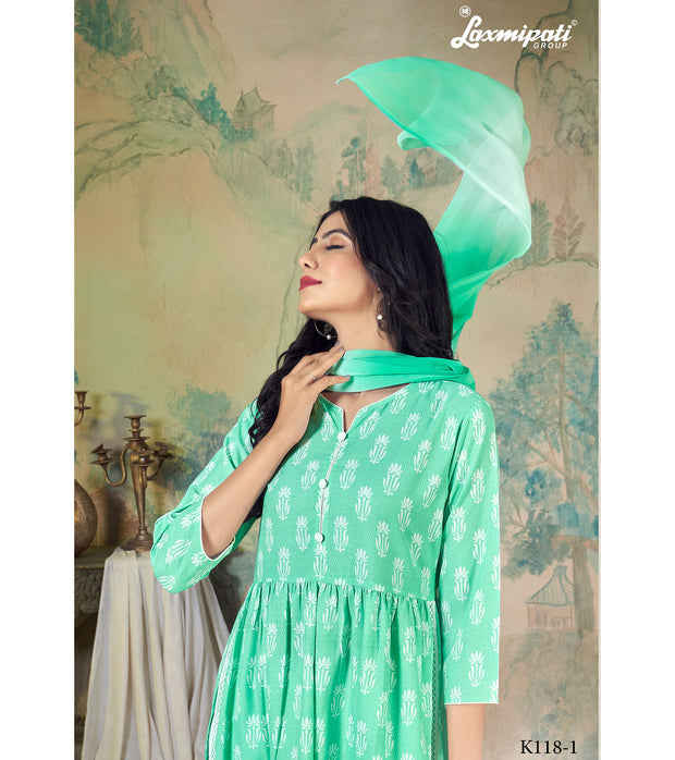 Laxmipati  Spun Base Fabric Mint Green Nayra Cut Kurta With Pant & Dupatta