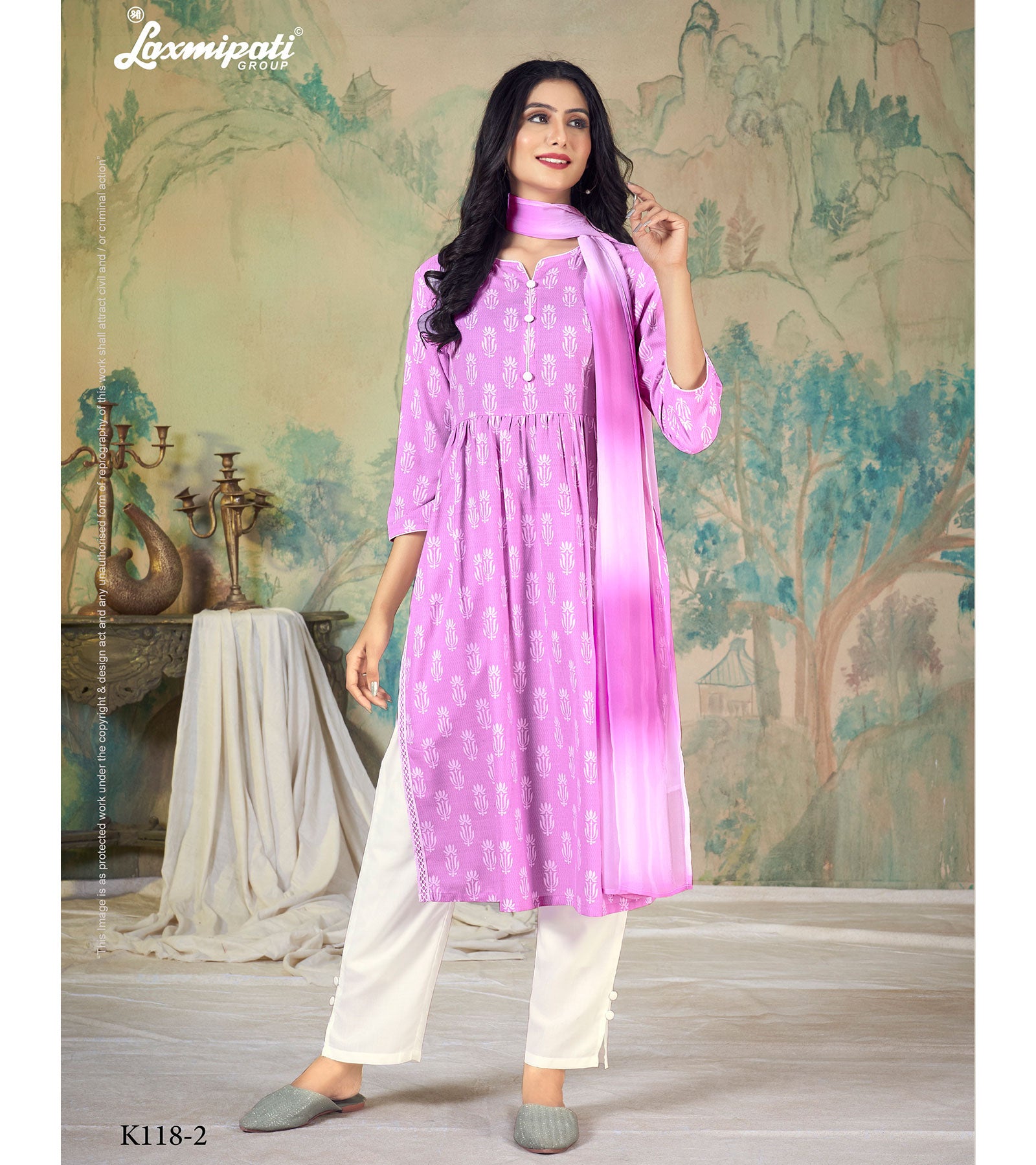 Laxmipati  Spun Base Fabric Lavender Nayra Cut Kurta With Pant & Dupatta