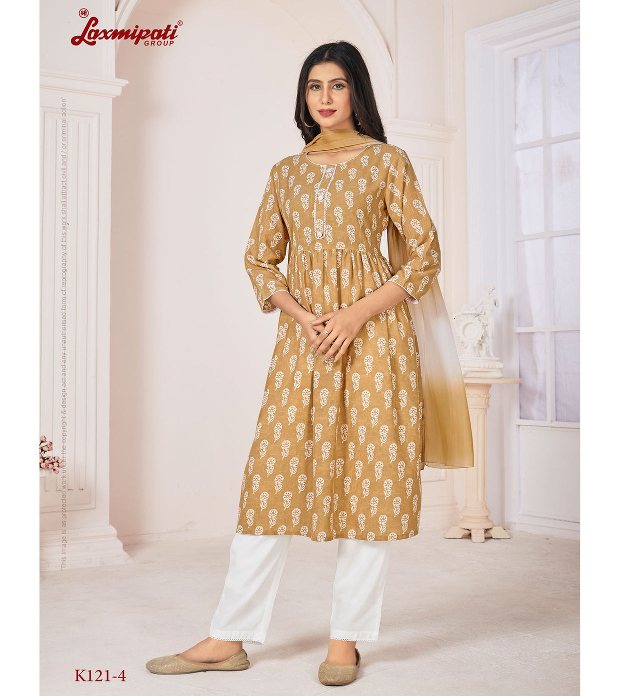 Laxmipati  Spun Base Fabric Sand  Nayra Cut Kurta With Pant & Dupatta
