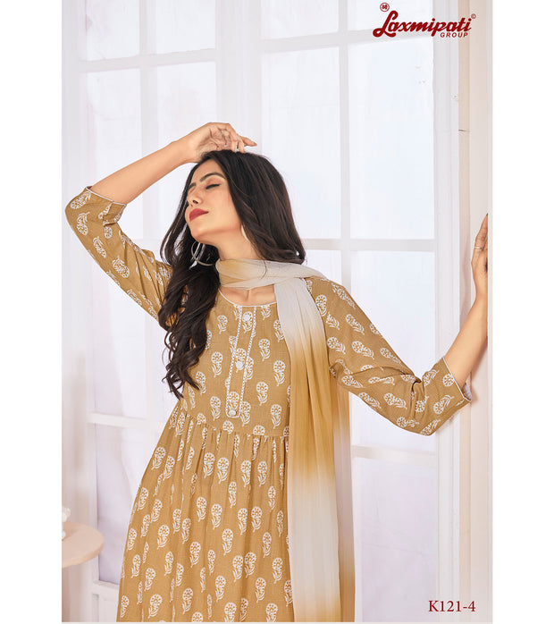 Laxmipati  Spun Base Fabric Sand  Nayra Cut Kurta With Pant & Dupatta