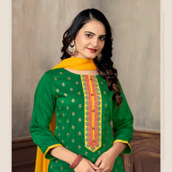 Laxmipati Muslin Deep Green Hand Printed Straight Cut Kurti Pant With Dupatta