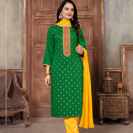 Laxmipati Muslin Deep Green Hand Printed Straight Cut Kurti Pant With Dupatta