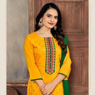 Laxmipati Muslin Bright Yellow Hand Printed Straight Cut Kurti Pant With Dupatta
