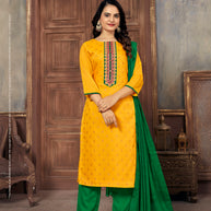 Laxmipati Muslin Bright Yellow Hand Printed Straight Cut Kurti Pant With Dupatta