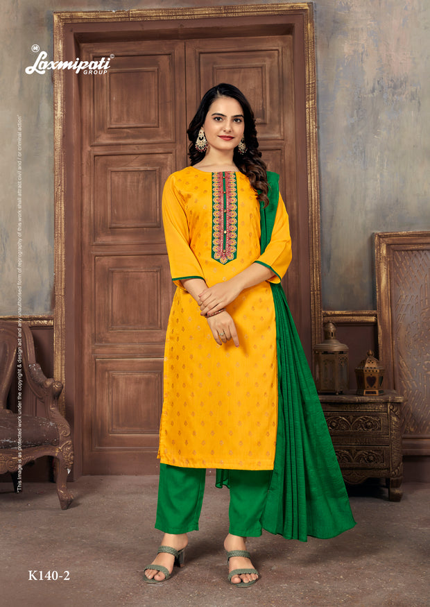 Laxmipati Muslin Bright Yellow Hand Printed Straight Cut Kurti Pant With Dupatta