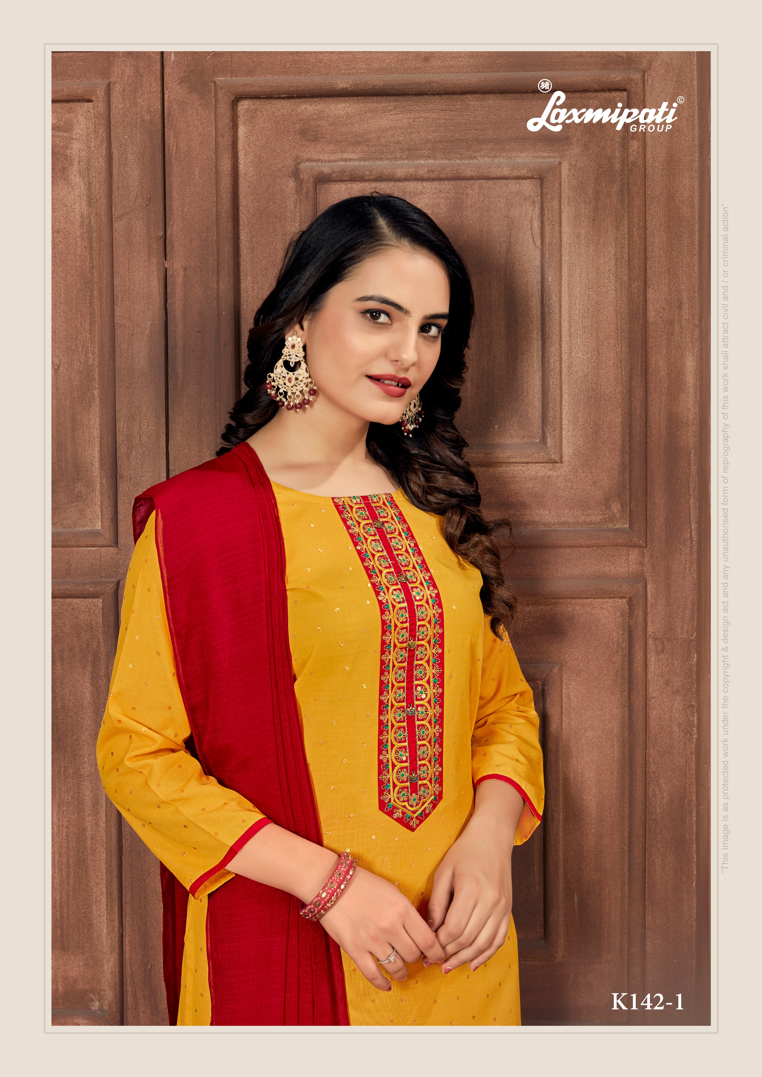 Laxmipati Muslin Marigold Hand Printed Straight Cut Kurti Pant With Dupatta